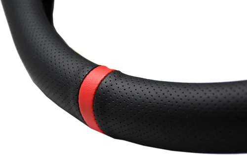 Miniatura 4 de Funda de volante de cuero napa perforado deportivo de instalación rápida con ribete de rayas circulares rojas, ajuste universal para cualquier auto