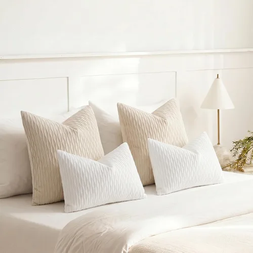 Miniatura 6 de DEZENE Fundas de almohada para sofá color marfil blanco: pack de 2 fundas de almohada cuadradas de terciopelo a rayas originales de 16x16 pulgadas