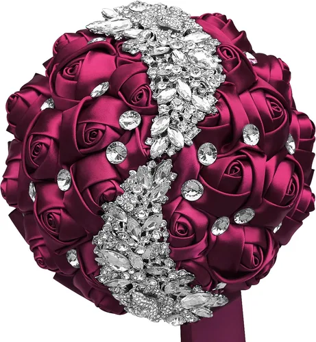 Miniatura 20 de XINNI Ramo de boda verde esmeralda para novia, dama de honor, satén rosa, ramo de boda con diamantes de imitación en forma de lluvia de meteoritos
