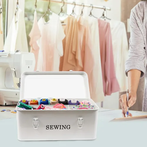 Miniatura 5 de Caja de costura, caja organizadora de costura de metal, caja de almacenamiento para kit de costura, estuche de suministros de costura con cerraduras