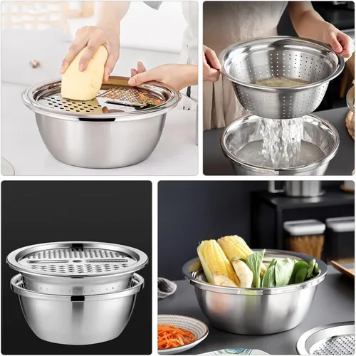 Miniatura 6 de Rallador de acero inoxidable y cortador de verduras con función de drenaje Herramienta de cocina multiusos de 10.23 pulgadas para lavar arroz