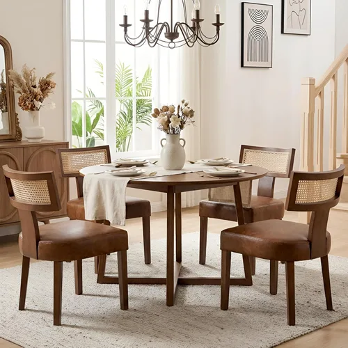 Miniatura 45 de HNY Juego de 6 sillas de comedor de ratán de estilo de mediados de siglo, silla de acento tapizada en lino de estilo granja con respaldo curvo