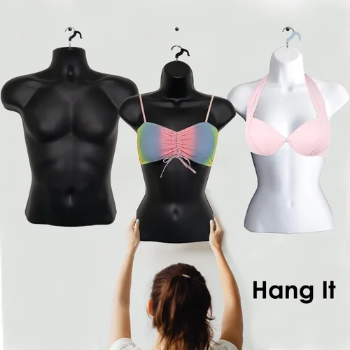 Miniatura 3 de Juego de torso de maniquí blanco para hombre y mujer, con forma de vestido con espalda hueca, con clips para ropa, soporte de metal para encimera