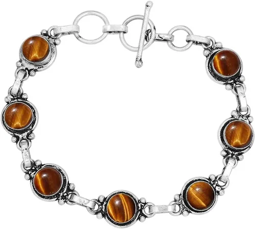 Miniatura 58 de Round Shape Natural & Synthetic Gemstones Silver Plated Bracelets for Women - Vintage Bohemian Style Handmade Birthstone Adjustable Link Bracelet