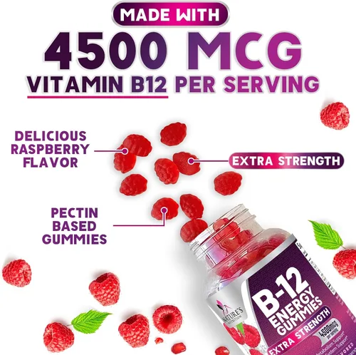 Miniatura 3 de Gomitas energéticas B12 – 4500 mcg de vitamina B12 por porción – Suplemento B12 masticable extra fuerte para energía, metabolismo y apoyo