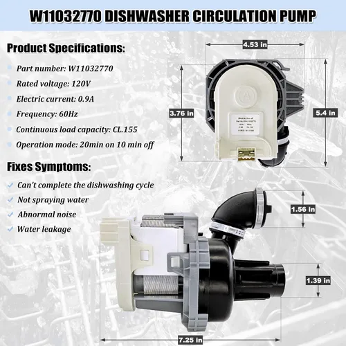 Miniatura 2 de Conjunto del motor de la bomba de circulación del lavavajillas W11032770, piezas de recambio WPW10529163 WPW10529163 W10885542 W10864037 W10816492