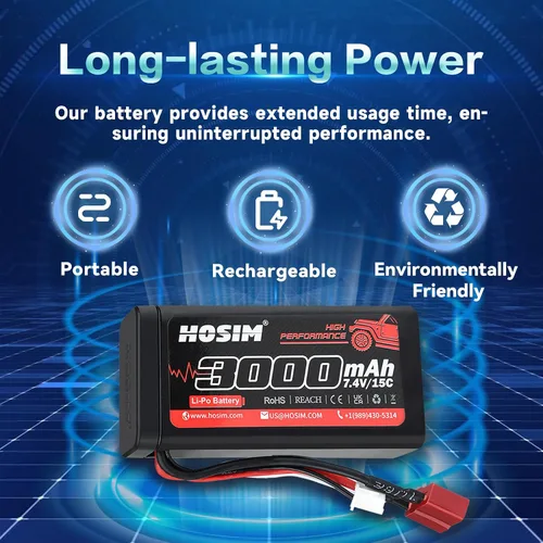 Miniatura 2 de Hosim 2 baterías Lipo RC Lipo de 7.4 V 15C 3000 mAh con 2 cargadores USB y 1 correa de batería para control remoto de coche RC sin escobillas