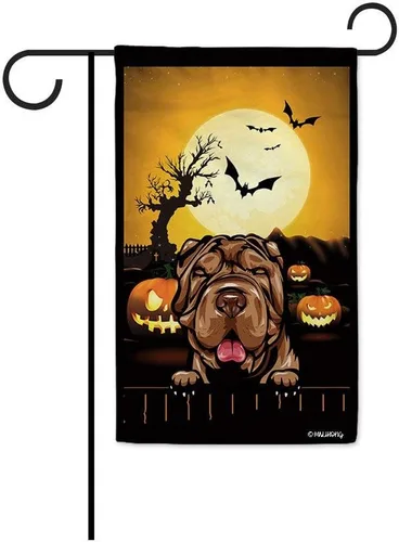 Miniatura 25 de Bandera de jardín de calabaza de Feliz Halloween Jack O'Lantern con perro Rhodesian Ridgeback Halloween Bat Boo Bandera decorativa para patio al