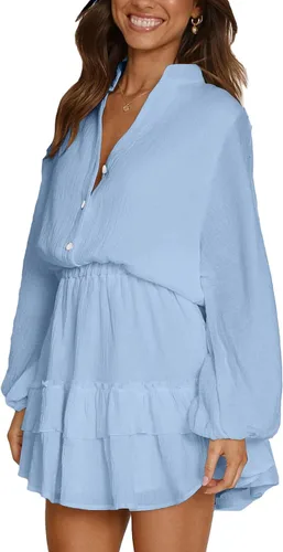 Miniatura 3 de OPOIPIN Minivestido de manga larga con cuello en V y volantes en capas para mujer