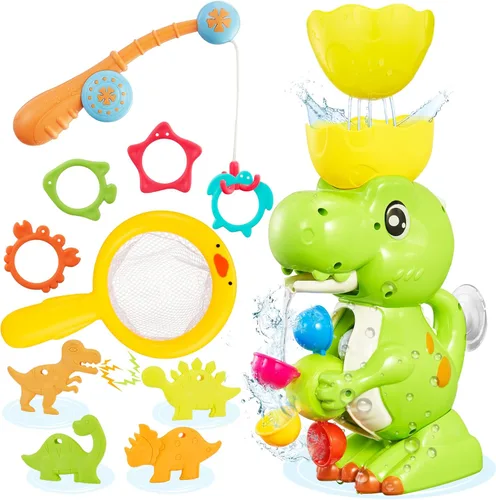 EKU - Juguetes de baño de dinosaurio para niños pequeños a partir de 18 meses, ruedas de agua sin moho y juegos de pesca, bañera, tina, tiempo de