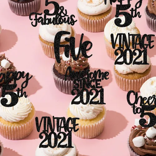 Miniatura 6 de Rsstarxi Paquete de 24 adornos para cupcakes vintage 2019 con purpurina negra para 5º cumpleaños, saludos a 5, cinco, 5, 5 fabulosos para cupcakes