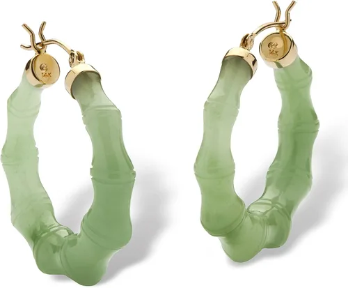 Miniatura 2 de Aretes de aro redondos de oro amarillo de 14 quilates color verde o negro jade bambú estilo bambú (1.181in), Metal, Jade