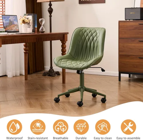 Miniatura 9 de YOUNIKE Silla de oficina ergonómica de piel sintética verde oliva, sin brazos, cómoda silla de escritorio con respaldo mecedor, bonita silla