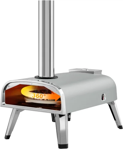 Miniatura 8 de aidpiza Horno de pizza para exteriores de 12" con pellet de madera y piedra para pizza giratoria portátil, a leña, con termómetro incorporado, Gris