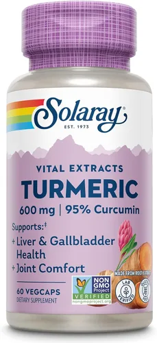 SOLARAY Suplemento de cúrcuma de 600 mg - Raíz de cúrcuma con 95% de curcumina - Suplemento de apoyo articular - Salud de las articulaciones,
