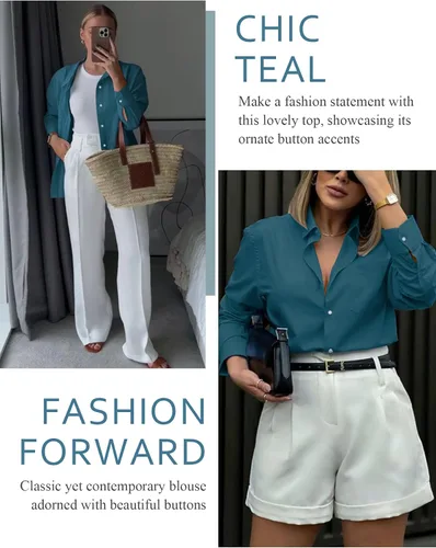 Miniatura 55 de Odosalii - Camisas con botones para mujer, con cuello en V, manga larga, enrolladas, blusas elegantes y formales para negocios y ocasiones casuales