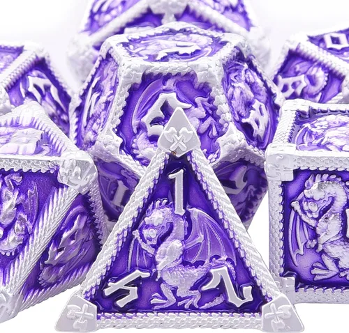 AUSTOR Juego de dados de metal DND de 7 troqueles, juego de dados poliédricos de Calabozos y Dragones con caja D20 D12 D10 D% D8 D6 D4 para Violeta