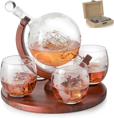 Miniatura 11 de Decantador del mundo grabado con globo de whisky, juego de regalo de whisky The Wine Savant con avión antiguo, piedras de whisky y 4 vasos de mapa
