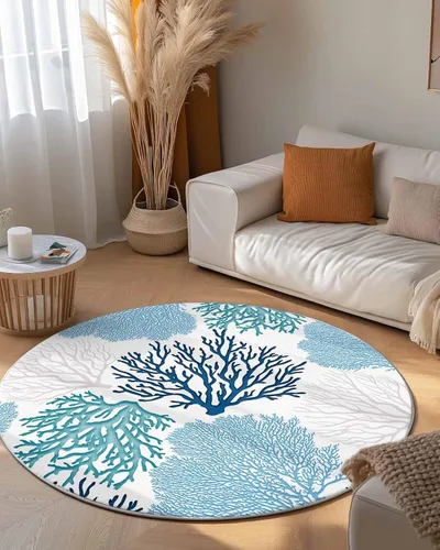 Miniatura 5 de Alfombra redonda azul océano coral de 3 pies, lavable para interiores, dormitorio, cocina, baño, sala de estar, comedor, lavandería, oficina, área +