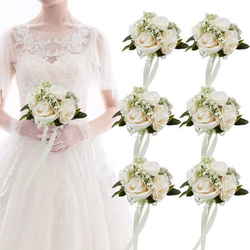 Miniatura 8 de Ramos de boda de rosas blancas para novia y dama de honor, tela de alta calidad, arreglos florales de eucalipto para boda, adecuados para despedida