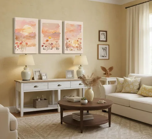 Miniatura 4 de 3 piezas de lienzo de amanecer para pared, flores silvestres rosas rubor, flores silvestres florales y naranjas, acuarela, pinturas de paisaje