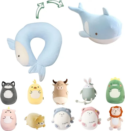 Miniatura 7 de Almohada de viaje para niños, almohada de cuello deformable 2 en 1 para niños, almohada suave en forma de U con adorable diseño de animales, cómodo