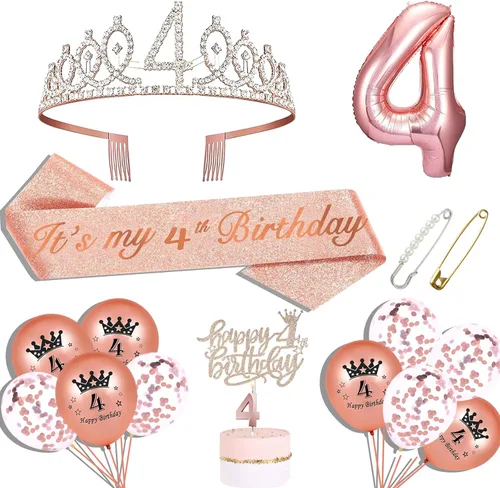 Hysilla Decoraciones de Cumpleaños de 4 Años para Niñas - Banda, Corona, Adorno para Pastel, Globos, Pin y Juego de Velas - Oro Rosa