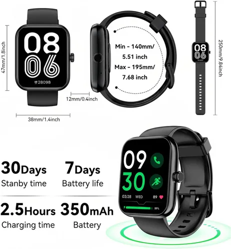 Miniatura 7 de Reloj inteligente con Alexa integrado, llamadas y notificaciones Bluetooth, monitor de salud HD de 1.83 pulgadas, frecuencia cardíaca 24/7 y Negro