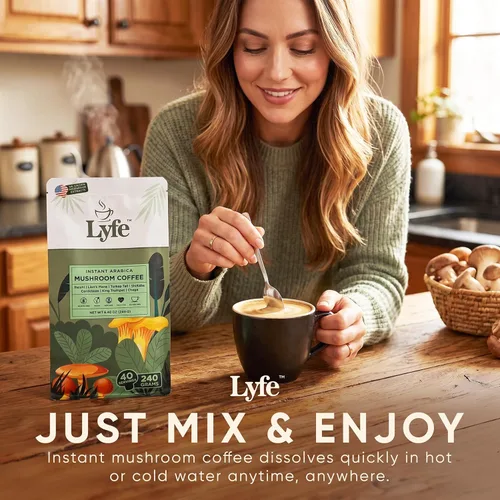 Miniatura 5 de LYFE Café orgánico instantáneo de hongos, 40 porciones: mezcla de café adaptogénico instantáneo con melena de león, chaga, cordyceps, trompeta King