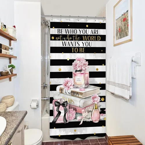 Miniatura 2 de Riyidecor Cortina de ducha de moda pequeña de 36 pulgadas de ancho x 72 pulgadas de alto, rayas blancas y negras, rosa, moderno, libro de revistas