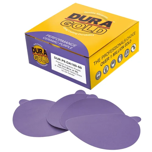 Dura-Gold Premium Discos de Lijado de Cerámica con Película Morada PSA de Grano 180 de 6", Caja de 50 - Papel de Lija Autoadhesivo con Respaldo