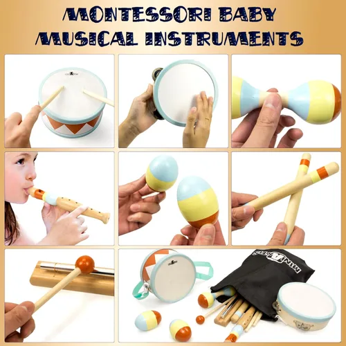 Miniatura 5 de MINIARTIS Instrumentos musicales para niños pequeños – Juguetes musicales de madera Montessori para niños pequeños de 1 a 3 años Juego de batería