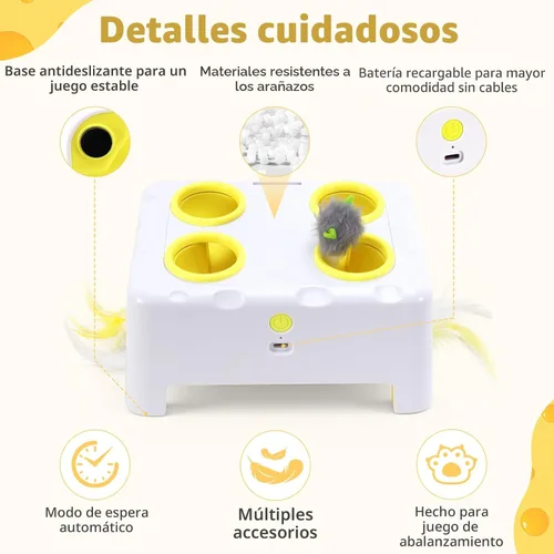 Miniatura 2 de Caja de queso interactivo para gatos de interior, juguete de plumas 3 en 1, juguete de plumas de topo, 3 modos de juguetes recargables para gatos