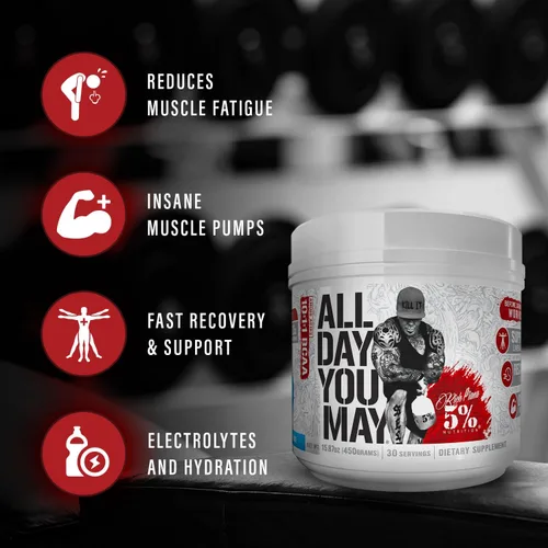 Miniatura 4 de 5% Nutrition Rich Piana AllDayYouMay BCAA Powder Aminoácidos prémium para intra y después del entrenamiento, EAA, electrolitos Hidratación