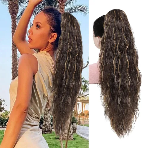 Miniatura 7 de Extensión de cola de caballo rubio con cordón para mujer, larga y rizada de 26 pulgadas, extensiones de cabello sintético natural, extensiones