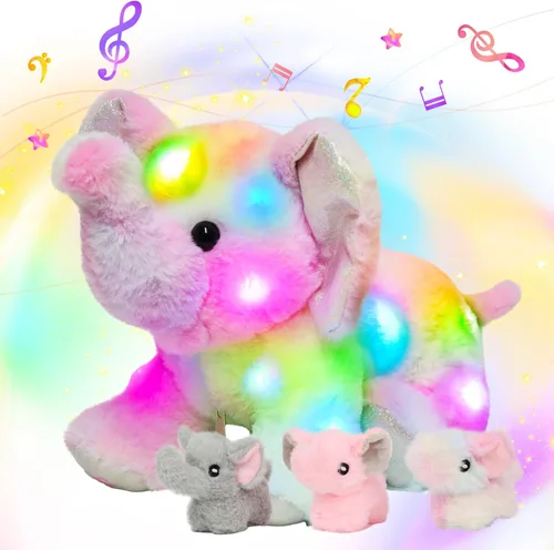 Miniatura 18 de Hopearl Conejo de peluche LED con luces, juguete de peluche con mamá y 3 bebés en su barriga, nana animada, calmante para mamá, niños pequeños