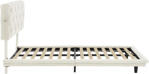 Miniatura 5 de Cama de plataforma flotante, marco de cama de madera tamaño individual con rayas claras, tela de lino suave y cabecera de diseño capitoné