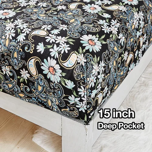 Miniatura 3 de JSD Juego de sábanas con estampado floral de cachemira negra, tamaño King, 4 piezas, sábanas de microfibra con patrón suave, bolsillo extra profundo
