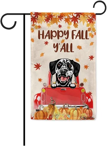 Miniatura 24 de Bandera con texto en inglés «Happy Fall Y'all» con diseño de perro inteligente con calabaza en camión rojo y hojas de arce, pancarta de otoño