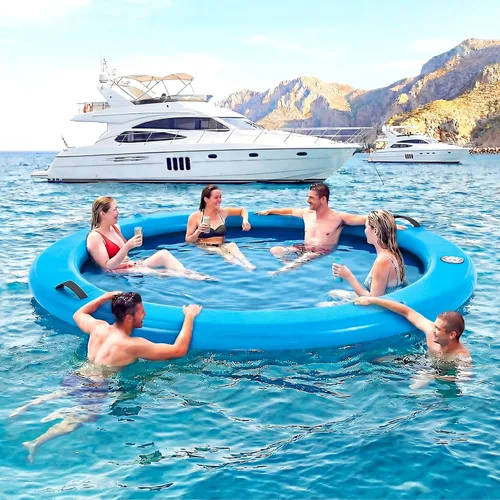 Miniatura 7 de 6-12FT Round Inflatable Floating Dock, Sunchill Float Ring, Water Hammock Tanning Pool Floats with Woven Fabric, Manual Pump for Quick Azul