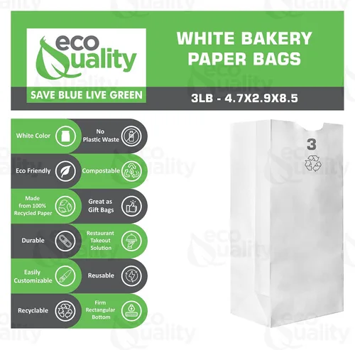 Miniatura 2 de EcoQuality - Bolsas de almuerzo de papel blanco de 3 libras, capacidad de 3 libras, para panadería, dulces, almuerzo, comestibles, manualidades