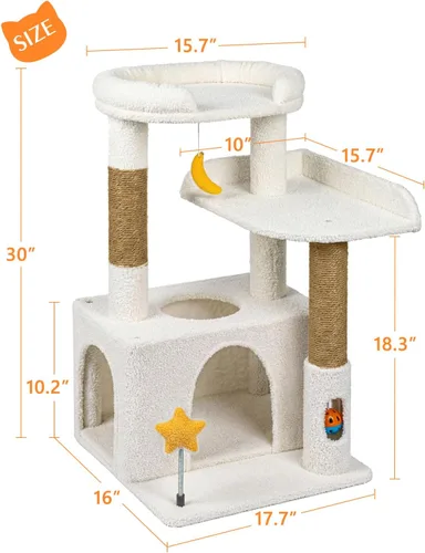 Miniatura 4 de Bonita torre para gatos de interior de 32 pulgadas con condominio para gatos, plataforma de felpa, hamaca, postes rascadores de sisal, bola