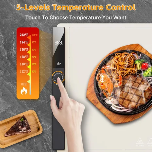 Miniatura 2 de Tapete de calentamiento de alimentos de 24 x 16 pulgadas, bandeja de calentamiento eléctrica con 6 niveles de temperatura ajustable, calentamiento