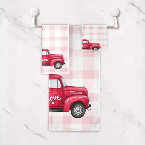Miniatura 5 de Juego de 3 toallas románticas a cuadros con diseño de corazón rosa con resorte de globo, toallas de baño suaves y absorbentes, toallas de mano