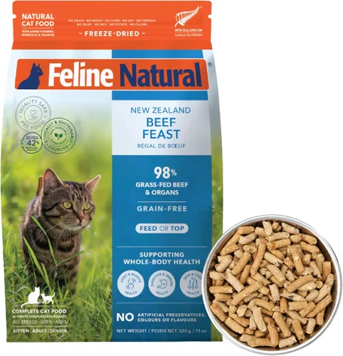 Miniatura 9 de Alimento para gatos seco de alta proteína de Feline Natural, dieta liofilizada con 98% carne, órganos y mariscos, sin guisantes, granos o aditivos