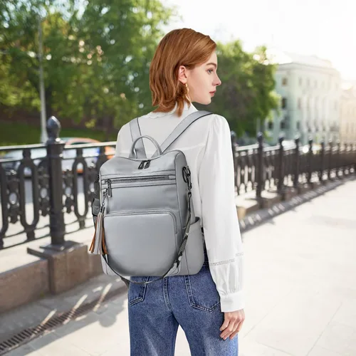Miniatura 26 de OPAGE - Mochila de cuero para mujer, con borla de moda, bolso de hombro, mochila grande, bolsa de viaje, gris, L