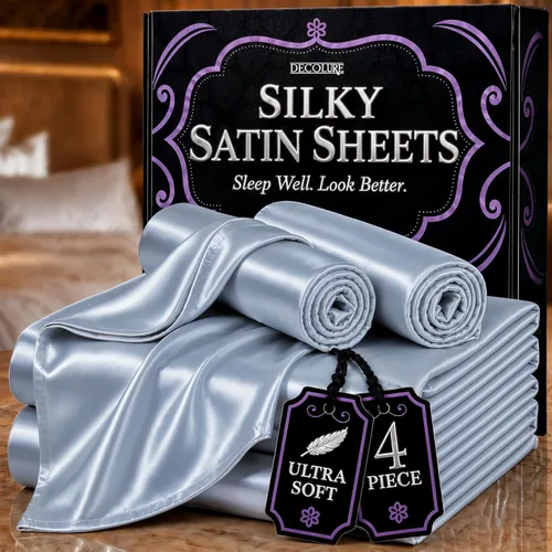 DECOLURE Sábanas de satén – Juego de ropa de cama de lujo sedoso tamaño Queen de 4 piezas, más suave que la seda, sin arrugas con sábana bajera de