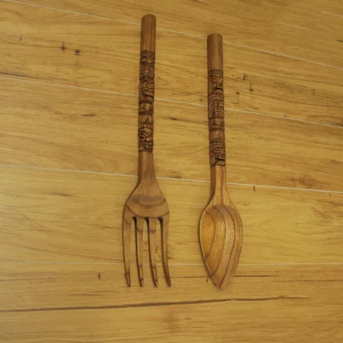 Miniatura 5 de Zeckos Arte de decoración de pared con cuchara y tenedor de madera tallada con diseño Tiki – Juego de decoración de utensilios de madera – 16
