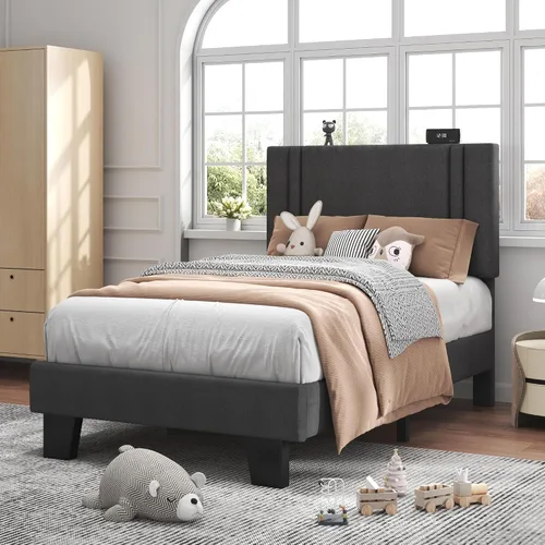 Miniatura 7 de Feonase - Base de cama de tamaño individual con plataforma tapizada, base de cama tapizada con respaldo abatible, listones de madera maciza y Gris