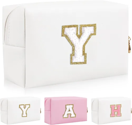 Miniatura 35 de Bolsa de maquillaje con parche de letra inicial personalizada, bolsa de cosméticos de chenilla preppy con letra de chenilla con cremallera, Y